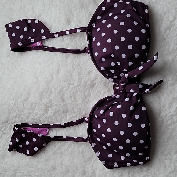 Express Wine and White Polka Dot Bikini Top with Ruffle Shoulder - Picture 1 of 7